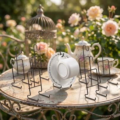 HAIJSEVRX 8-Piece Black Painted Metal Wire Teacup Display Stand Set, Cup And Saucer Holder Rack With Curved Hooks, 6.22 X 2.44 X 2.44 Inches Each, Minimalist Tabletop Organizer For Kitchen Counter