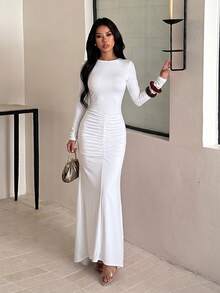 Autumn Solid Color Open Back Ruched Long Sleeve Dress Women Elegant Dress Party Date - White - View 3
