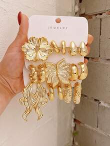 1Set 9Pairs/3Pairs Golden Asymmetrical Textured Hoop & Abstract Butterfly Earrings, Y2K Stackable Jewelry For Women Street Style - Yellow Gold - View 5