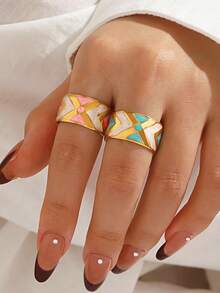 2pcs Stainless Steel Fashion Minimalist Colorful Oil Drop Rings Suitable For Women Daily Wear And Party - Multicolor - View 7