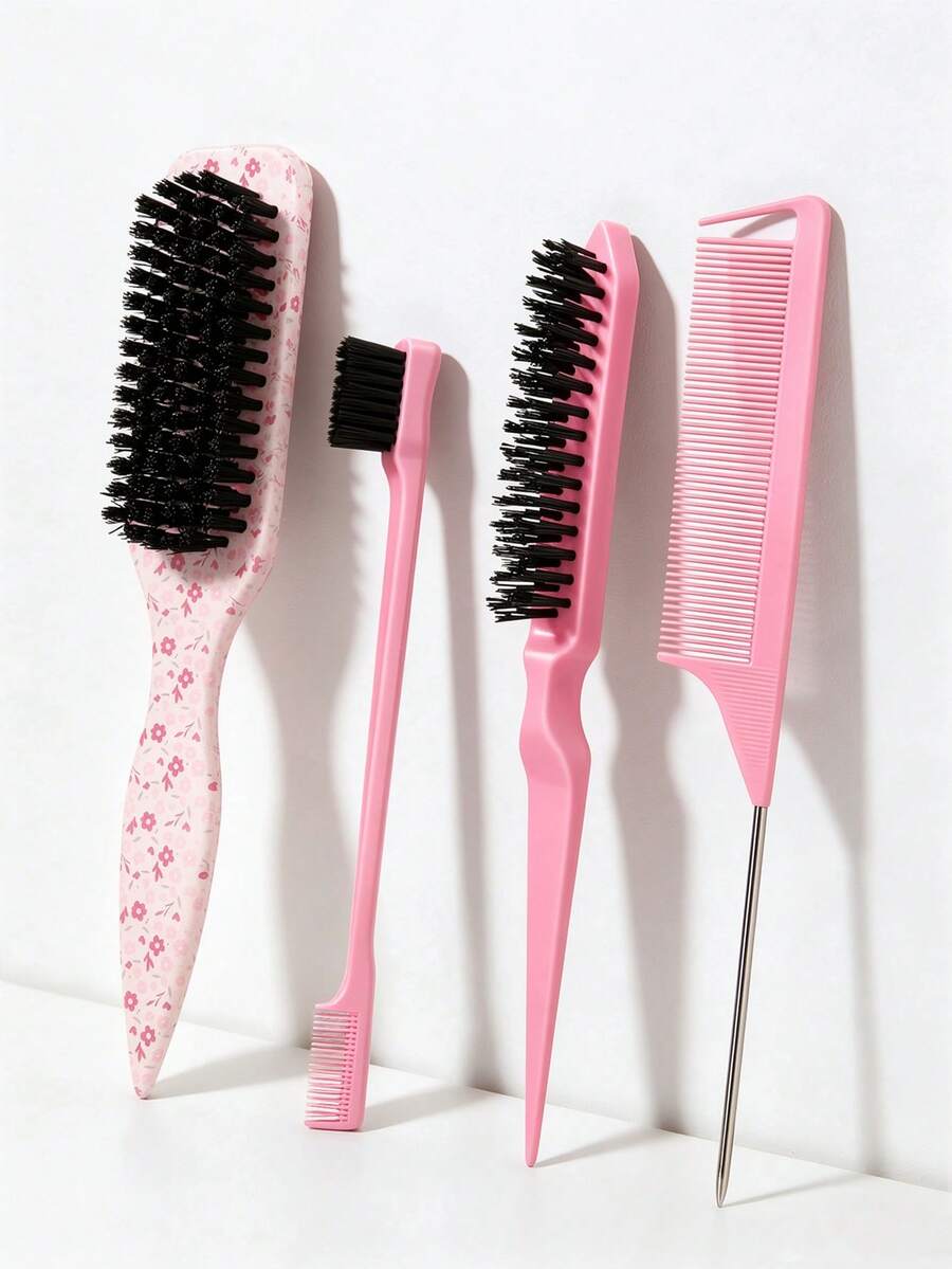 4/1pc Cherry Blossom Pattern Hair Comb Styling Set, Includes Cherry Blossom Pattern Straight Comb, Detangling Comb, Styling Comb, Tail Comb, Salon Hairdressing Comb Accessories, Essential Hair Accessories For Women Travel, Suitable For Makeup And Hairstyle Grooming - Multicolor - View 1