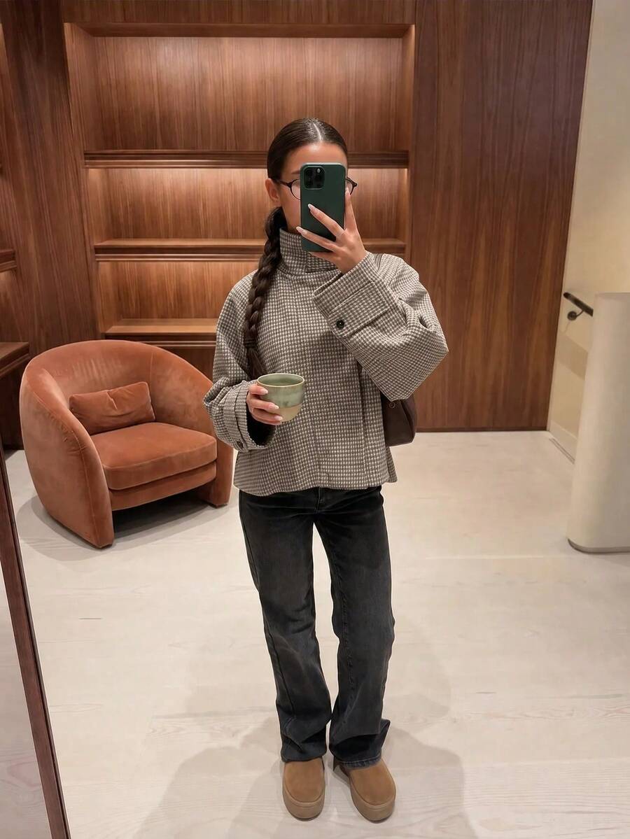 Women's Plaid High Neck Jacket, Elegant Button Front Winter Top, Casual Loose Autumn Coat - Greenish-brown - View 1