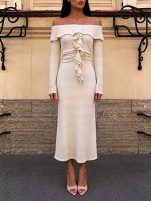 Elegant Women's White Knit Off-Shoulder Long Sleeve Midi Dress With Asymmetric Ruffle Design, Perfect For Parties - Apricot - View 7