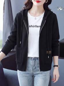 女款寬鬆連帽拉鍊針織運動衫，加厚標準版夾克，適合秋冬春三季 - 黑色 - 查看 7