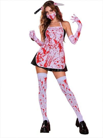 Halloween Bloody Butcher Cosplay Costume Set With Blood-Stained Apron, Gloves, Socks, Mask, Knife And Headband, Party Props For Halloween Costume Party, Horror Theme Dress-Up Party, Carnival, Horror Theme Birthday Party, Cosplay Anime Convention Stage Performance, Halloween Photo Shoot, Holiday Parade