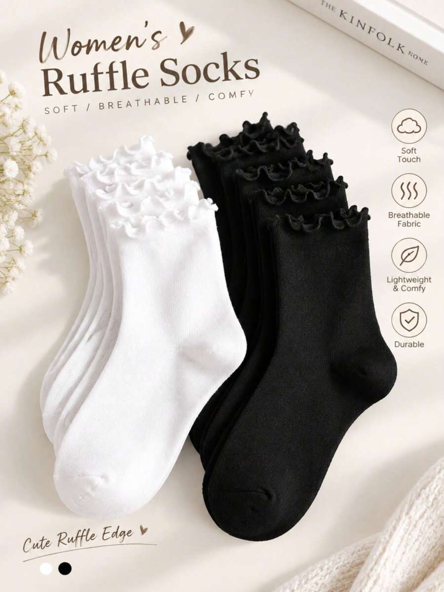 1/6/12/18 Pairs Random Ruffle Socks Women, Cute Lace Edge Socks Soft Comfortable Fall Winter Socks For Women, Halloween Christmas Gifts And Daily Wear - Multicolor - View 1