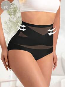 MEIYATING 1pc Women's High Waist Tummy Control Panties, Mesh Criss-Cross Ice Silk Seamless Triangle Panties, Body Shaping & Butt Lifting - Black - View 2