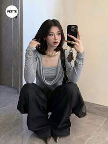 Bộ 2 món áo ống ôm sát tay dài cổ thấp đính đinh phong cách hot girl Mỹ - Xám - Xem 5