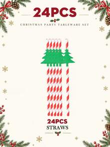 10/20pcs Christmas Disposable Paper Tableware Set (Includes 7-Inch And 9-Inch Plates, Cups, Napkins, Straws), Printed With Reindeer, Christmas Tree, Bell, Gift, Sleigh And Red Border Patterns, Suitable For Christmas Party, Holiday Dinner, Winter Celebration And Holiday Table Setting. - Multi-color 11 - View 20