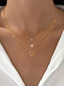 1pc Shiny Three-Layer Round Flower Pendant Necklace, Women's Necklace, Exquisite Anniversary Gift For Girlfriend - Three-layer Necklace - View 3