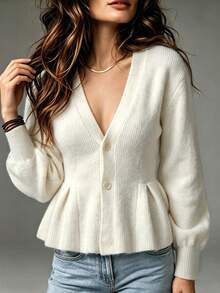 Just Masa Women's Fall Winter Casual Button Up Ruffle Hem Sweater Cardigan,Solid Color Bishop Sleeve V Neck Knitwear,For Date,Going Out,Commute,Party - Off White - View 9