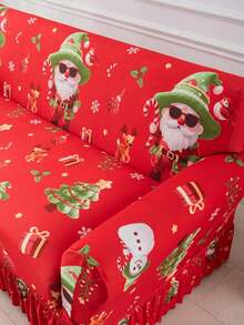 1pc Christmas Santa Claus Ruffle Hem Geometric Pattern Printed Living Room Elastic Spandex Sofa Cover Protector For Chaise Lounge L-Shaped Sofa Cushion Full Coverage 1/2/3/4 Seater - Multicolor - View 7