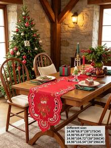 1pc 100% Polyester Embroidered Christmas Table Runner, Red Hollow Cutwork Candle Design Table Scarf, Xmas Holiday Dining Table Centerpiece Decor - Red - View 19