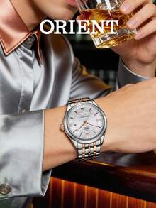 Men's ORIENT Two‑Tone Automatic Mechanical Watch Textured Silver Dial Roman Numeral Indices Date Display Stainless Steel Bracelet Business Dress Watch - SAC04001W0 - View 4