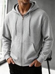 Men's Light Gray Full Zip Hoodie Sweatshirt, Autumn/Winter Casual Hooded Jacket With Kangaroo Pocket, Minimalist Style - Grey - View 6