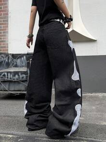 1pc Casual Loose Fit Embroidered Wide Leg Jeans, Comfortable American Street Style Pants, Suitable For All Seasons (No Belt Or Accessories) - الأسود - مشاهدة 7