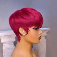 Colored Short Straight Pixie Cut Human Hair Wigs For Women 6 Inch 180% Density Layered Machine Made Wigs With Bangs Black Color 99J# Burgundy Green 613# Blonde BUG Red Color Basic Non Lace Wig Pixie Wig For Daily Wear And Halloween - SBUG - View 13