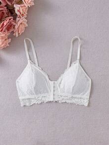 Women's Solid Color Lace Splicing Strap Front Closure Bra. - White - View 7