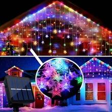 Christmas & Halloween Party Decoration Solar Powered Icicle Snowflake String Lights, Warm/Colorful/White 3 Color Modes, 4*0.6m Wave Style Hanging 16 Strands 96LEDs, 3D Hollow Snowflake Pendants, Transparent And Lightweight, Natural Snowfall Pattern, Clear Petal Outline, Soft Diffused Light, Hanging Ice & Snow Curtain Effect, Dreamy Night View - Solar Powered Snowflake Ice Bar Lights - View 11