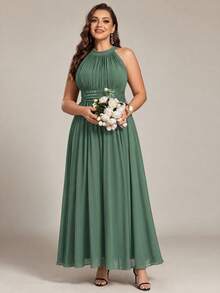 EVERPRETTY Plus Size Elegant Beaded Ruched Chiffon Halter Neck Green Bridesmaid Dress, Suitable For Evening Party, Wedding, Semi-Formal Occasion Guest Attire - Green - View 7
