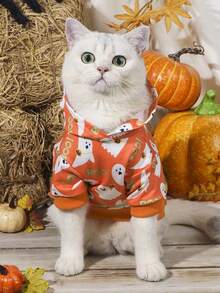LUCKIE PAW 1pc Halloween Ghost Pattern Pet Sweatshirt, Anti-Flea, Reduces Shedding, Warm And Breathable Dog Vest, Suitable For Small And Large Dogs And Cats, Indoor And Outdoor - Orange - View 3