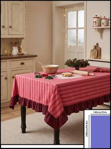 1pc Red And White Thin Striped With Burgundy Ruffle Edge Tablecloth, Christmas Baking Style Fabric Material, Rectangular Burgundy Ruffle Edge Patchwork Detail, Stain-Resistant Protection And Decorative Function For Home Long Table, Suitable For Christmas Baking Decor And Holiday Kitchen Scenes - Red - View 12