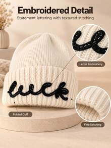 Women's Embroidered Knit Beanie, Soft Ribbed Winter Hat With Folded Brim, Warm Elastic Casual Cap, Suitable For Cold Weather, Outdoor Walking, Commuting, Travel, Daily Wear And Autumn/Winter Outfit Matching - Multicolor - View 5