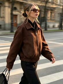 Women's Lapel Zip-Up Polyester Shacket, Long Sleeve Regular Length, Suitable For Autumn/Winter Wear - Brown - View 4