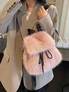 Luxury Soft Plush Women's Backpack Winter Solid Color Furry Shoulder Handbag Fashion Ladies Schoolbag For Females - Pink - View 5
