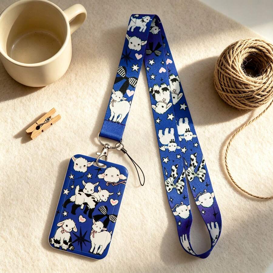 1 Piece Cute Cartoon Lamb Print Lanyard ID Card Holder, Blue Sheep Badge Cover, Neck Strap For Student Office Work, Lovely Gift - Multicolor - View 1