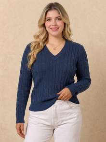 Women's Plus Size Cable Knit Sweater, Long Sleeve V-Neck Pullover, Classic Autumn/Winter Knit Top, Preppy Style - Blue - View 6