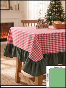 1pc Red & White Classic Small Plaid Blue Bow Print Tablecloth, Traditional Country Style Rectangular Green Leaf Edge Pleated Detail Stain-Resistant Protective Table Cover, Suitable For Christmas Family Gathering And Winter Holiday Dining Room Decor - Red - View 11