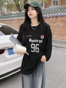 Women's Fashion Autumn/Winter Loose Minimalist Versatile Letter Print Long Sleeve T-Shirt - Black - View 3