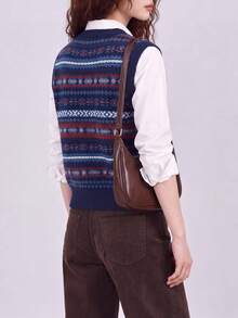 Women's Autumn/Winter Vintage Pattern V-Neck Cardigan Vest - Navy Blue - View 2