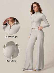 TimeOff Women's One Set Autumn/Winter Solid Color Stand Collar Jacket & High Waist Straight Leg Wide Leg Pants - Apricot - View 11