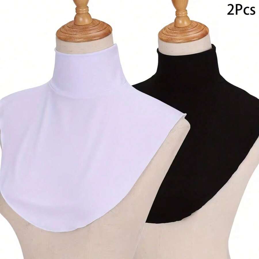 Awegeo 2Pcs Women's Detachable High Neck Fake Collar - Solid Color Striped Knit Layering Piece, Suitable For Sweaters And Hoodies, All-Season Adjustable Neckline Decorative Accessory - 2Pcs - Black + White - View 1