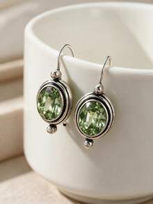 1 Pair Minimalist Silver-Plated Olive Green Crystal Drop Earrings, French Vintage Oval Rhinestone Water Drop Dangle Earrings, Elegant Gemstone Jewelry Accessory, Suitable For Women's Daily Wear And Dating Gifts - Silver - View 2