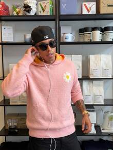 BLACKTOEXIT Men's Loose Casual College Floral Hooded Knit Sweater, Autumn/Winter - Pink - View 8