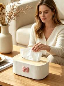 Cute Bow Decor Tissue Box, Minimalist Wood Grain Napkin Dispenser, Bedroom Living Room Office Desktop Tissue Holder, Home Decor Organizer, Rectangular Vertical Striped Tissue Storage Rack, Bedroom, Living Room, Office, Car Desktop Napkin Container, Beautiful Home Decor Organizer, Gift Choice - Multicolor - View 3