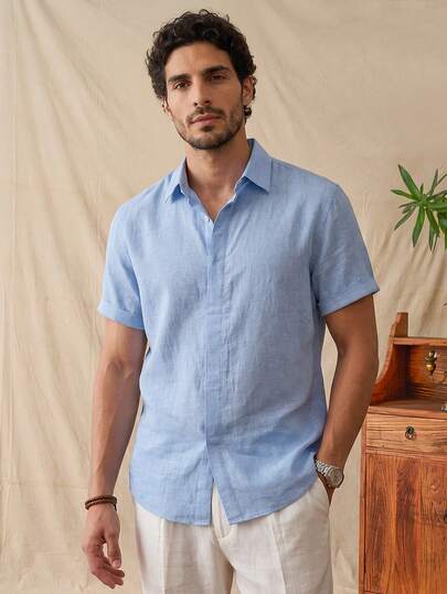 glestore Áo sơ mi nam tay ngắn cài cúc màu trơn vân vải linen phong cách Old Money vintage, casual đa năng mặc quanh năm