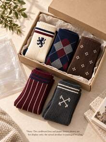 5 Pairs Men's British Retro Mid-Calf Socks, Argyle Striped Geometric Pattern Preppy Knit Socks, Business Casual Commute Office Daily Versatile Men's Socks - Multicolor - View 6