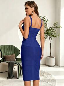 Women's New Sexy Spaghetti Strap Elastic Sleeveless Bandage Midi Dress - Royal Blue - View 3