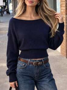 minisummer Women Elegant Fall Off‑Shoulder Long Sleeve Knit Top, Navy Blue Loose Shoulder Cropped Sweater With Ribbed Waist - Navy Blue - View 7