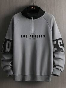 Men's New Half-Zip Letter Print Stand Collar Sweatshirt, Colorblock Fashionable Men's Sweatshirt - Dark Grey - View 1