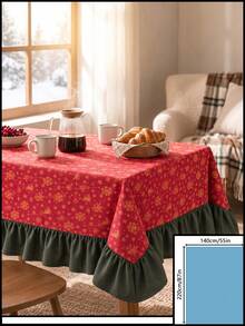 1pc Red Background Gold Christmas Bell Snowflake Print Tablecloth, Traditional Country Style, Rectangular Green Leaf Edge With Pleated Details, Stain-Resistant Protective Tablecloth For Home Long Table, Suitable For Christmas Family Gatherings And Winter Holiday Dining Room Decor - Red - View 11