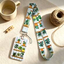 1 Piece Cute Potted Plant Print ID Badge Holder With Lanyard, Cartoon Cactus Card Holder For Work Student School Office, Lovely Gift - Multicolor - View 1