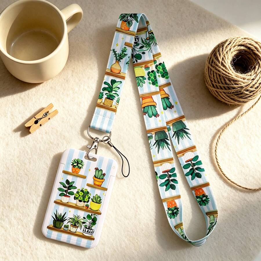 1 Piece Cute Potted Plant Print ID Badge Holder With Lanyard, Cartoon Cactus Card Holder For Work Student School Office, Lovely Gift - Multicolor - View 1