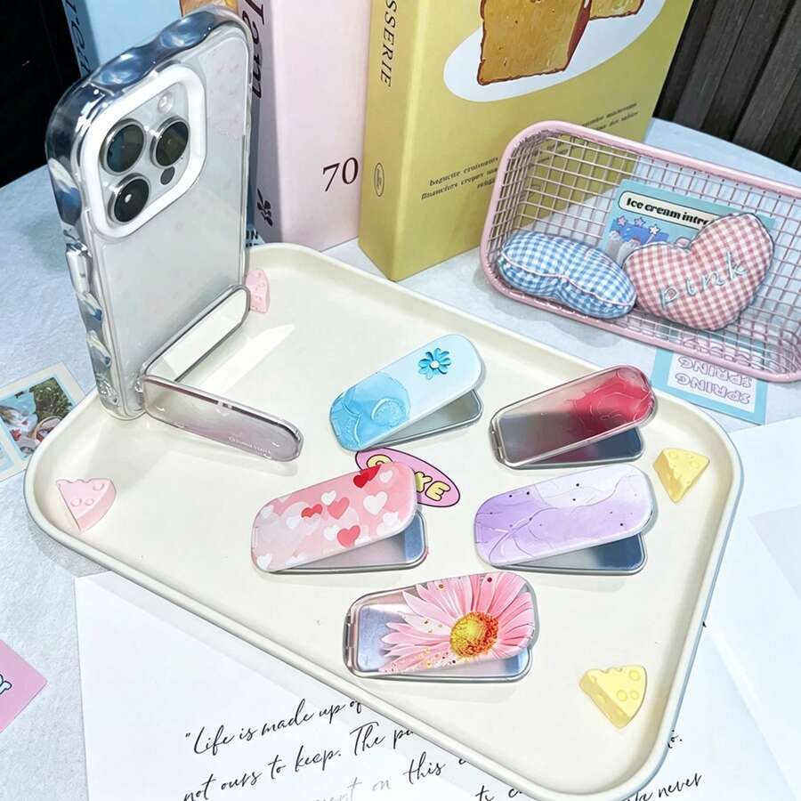 1pc Flower Heart Makeup Mirror Stand, Horizontal & Vertical Dual-Use Desktop Phone Stand - Multicolor - View 1