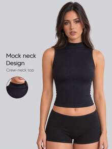 Women's Black Round Neck Slim Fit Seamless Elastic Ribbed Tank Top, Autumn Outfit - Black - View 3