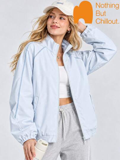 NBCT Women's Vintage Collegiate Style Outdoor Sports Jacket, Color-Block Plaid Lining, 3D Stitching Cut, Windproof Stand Collar, Casual Daily Fitness & Travel Outerwear